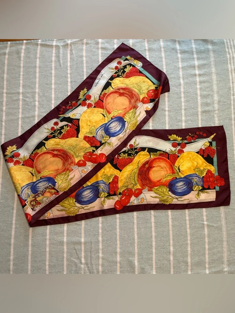 VTG June Critchfield silk scarf, fruit print, Heinz's Apple Butter 1989 drawing
